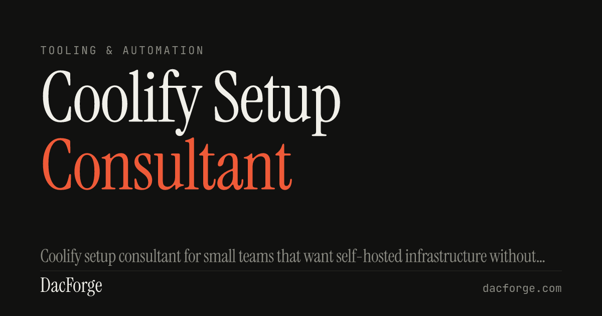 OG card for the Coolify Setup Consultant service page: TOOLING & AUTOMATION eyebrow, short headline 'Coolify Setup Consultant' wrapping to two lines with the last word in vermillion.